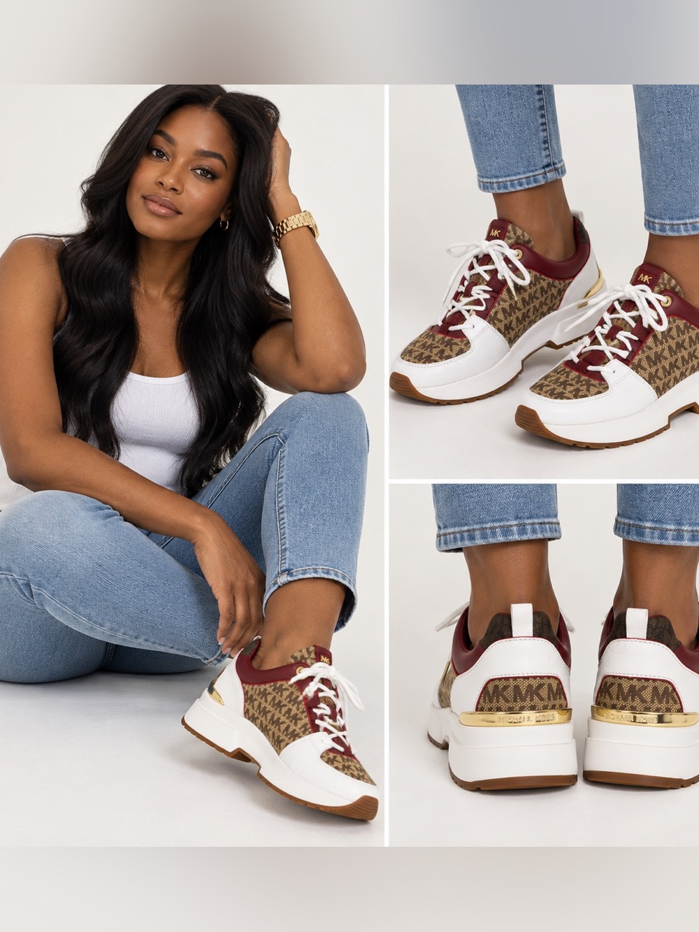 Michael Kors Burgundy, Brown & White Logo Platform Sneakers